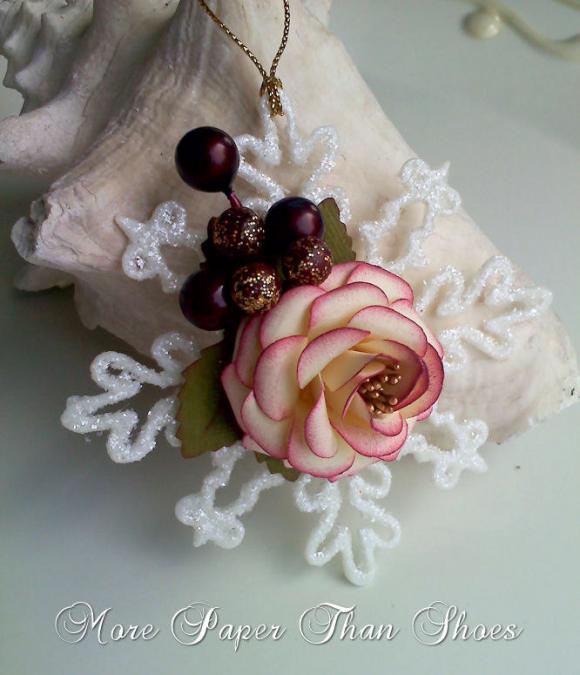Handmade Paper Rose Ornament - Vintage Cream Burgundy