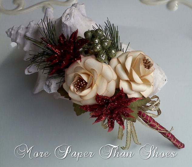 Handmade Christmas Paper Flower Spray Glittered Red Poinsettia